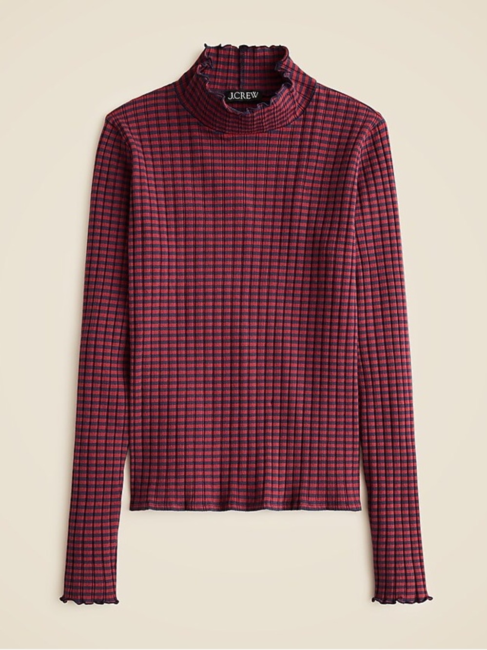 J Crew Red And Navy Ribbed Striped Pointelle Knit Ruffle Neck Turtleneck